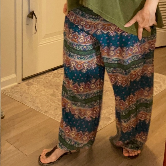 BOHO HIPPIE teal, purple, orange & cream pants wideleg, elastic waist & pockets! - Picture 3 of 9
